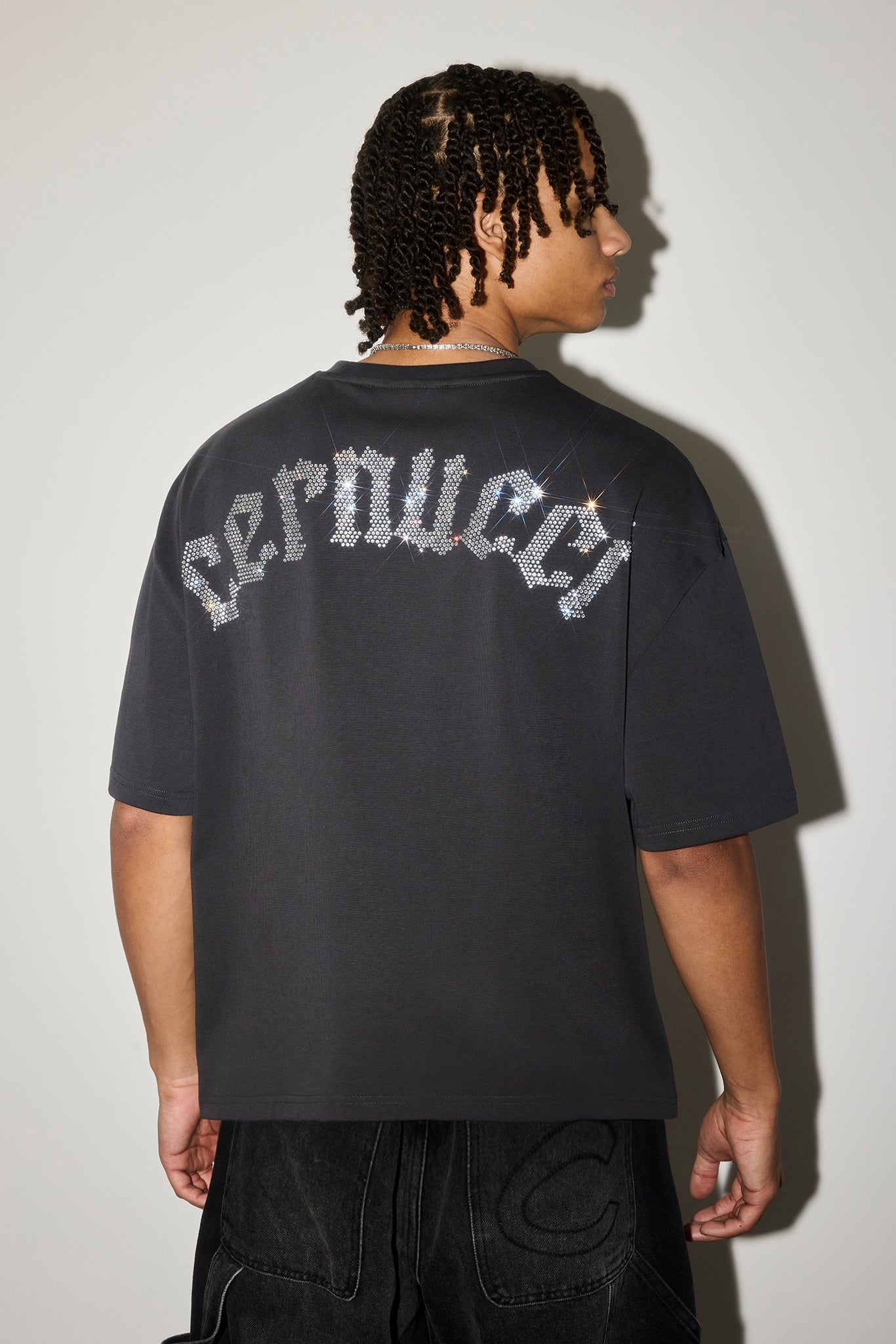 Boxy Rhinestone Logo T-Shirt - Charcoal